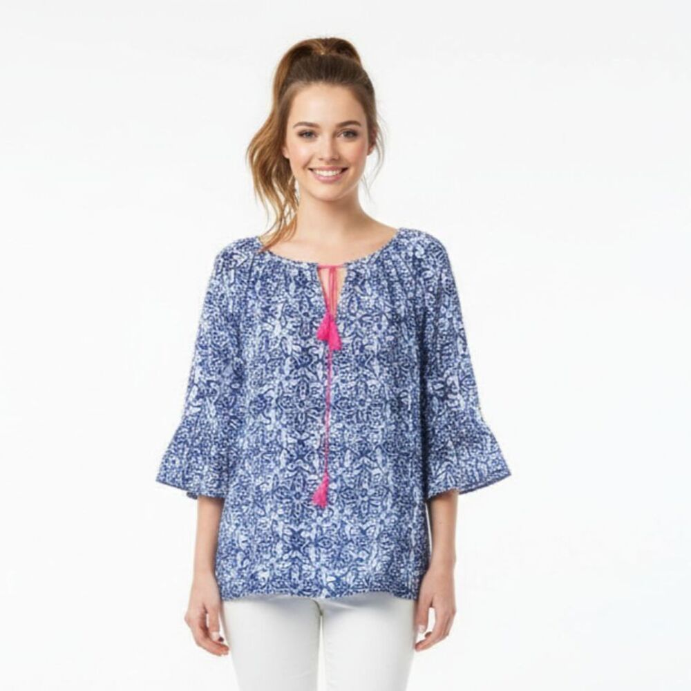 Milly 100% Cotton Blue & White Print Short Sleeve Top L